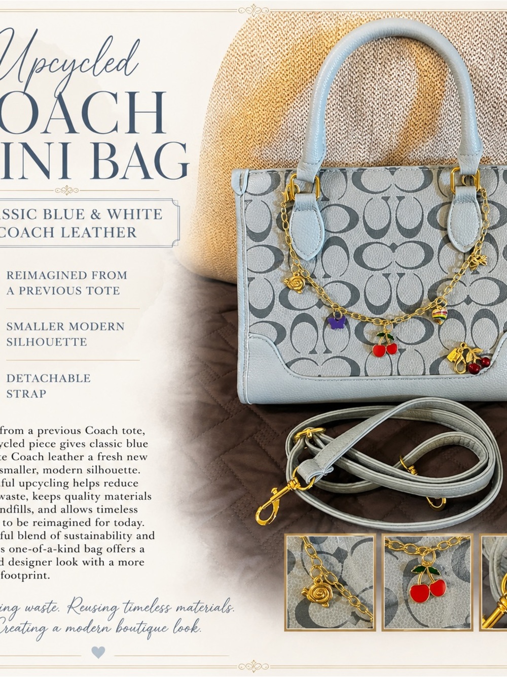 Coach Blue & White Upcycled Mini Satchel with Gold Charm Chain